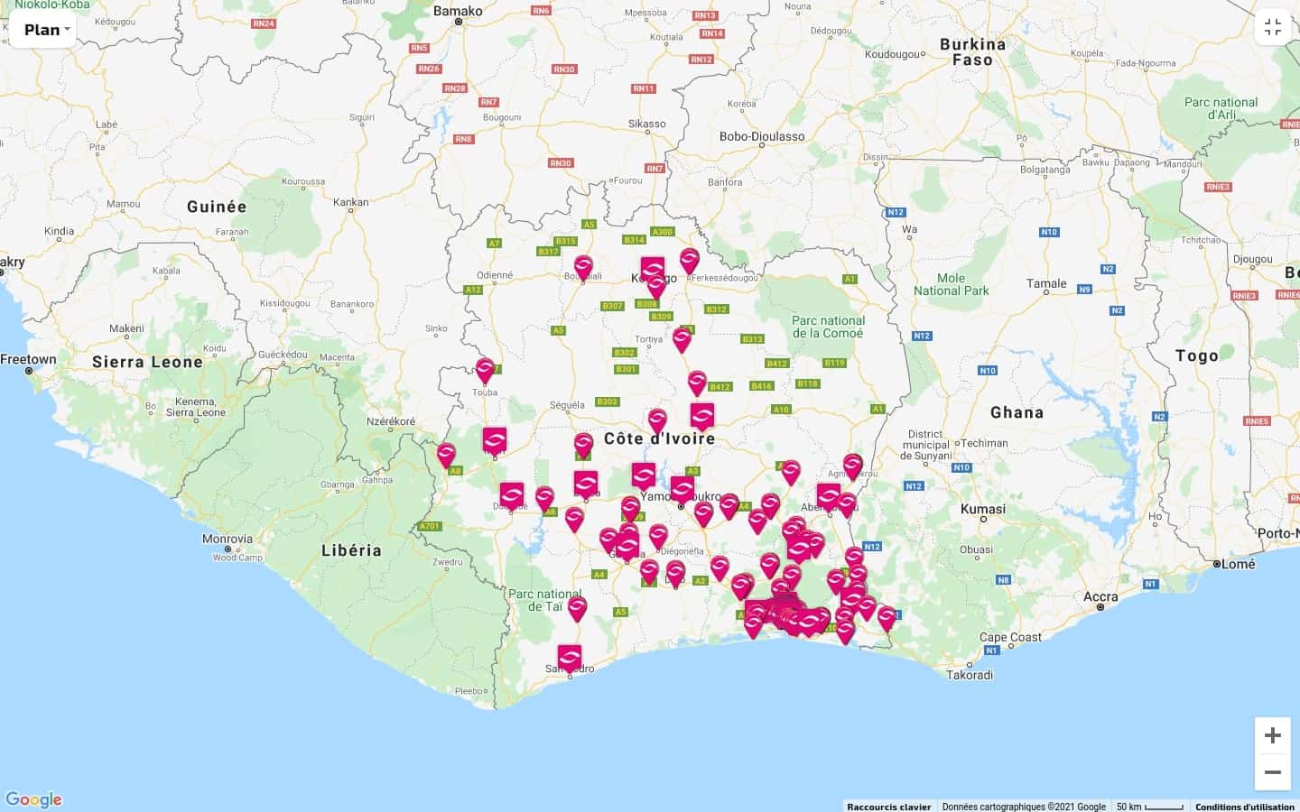 Localisation des agences Baobab CI en Côte d’Ivoire